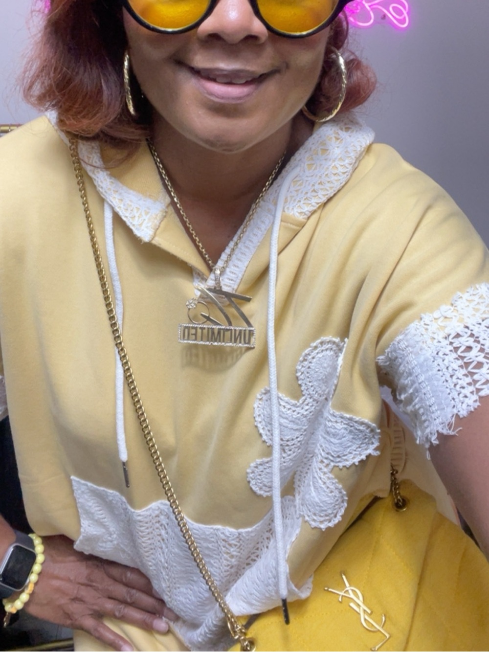 DAVI & DANI Yellow Hoodie with White Crochet Trim